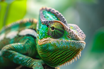 Obraz premium Green colored chameleon close up. Generative AI.