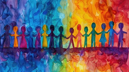 Watercolor painting of linked figures against a colorful backdrop.