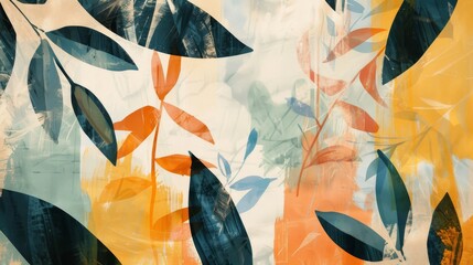 Abstract painting in gouache style with leaf shapes and geometric shapes in natural colours created with Generative AI Technology - obrazy, fototapety, plakaty