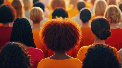 Rear view of diverse people in an audience wearing orange. - obrazy, fototapety, plakaty