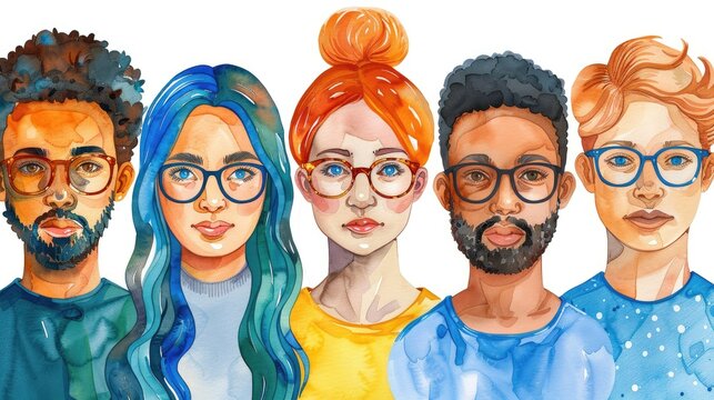 Watercolor portraits of individuals with distinctive features.