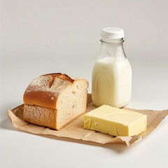 A loaf of bread, butter, and milk bottle on a paper