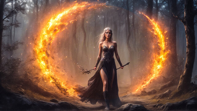 Young sorceress with white hair walks through a magical portal of fire in the middle of a foggy forest