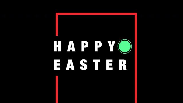 A festive logo for Happy Easter website or social media platform: Happy Easter in red and green letters, enclosed in a red square with green circle, and surrounded by a white outline