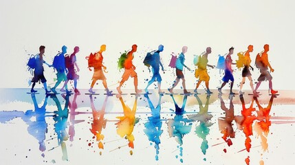 Colorful silhouettes of people with reflections in watercolor. - obrazy, fototapety, plakaty