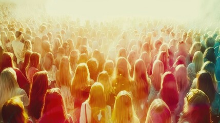 Crowd of people with blonde hair bathed in warm light. - obrazy, fototapety, plakaty