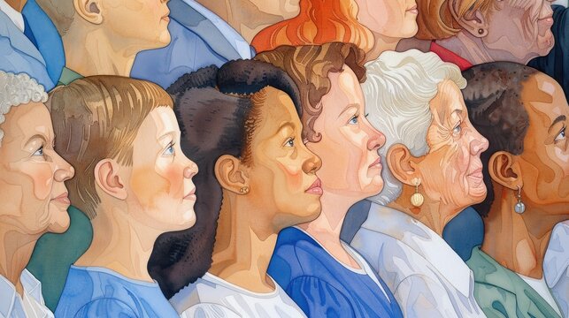 Watercolor painting of a diverse crowd from different ethnicities in profile