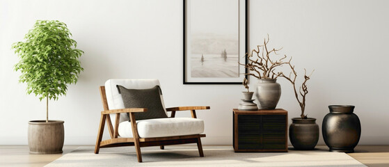 Immerse yourself in the eclectic ambiance of a modern living room featuring a wicker chair, floor vases, and a blank mockup poster frame against a clean white wall.