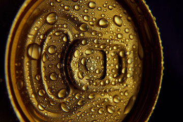 Close-up photo of golden aluminum closed can, jar of beer, coke, soda with condensation water drops...