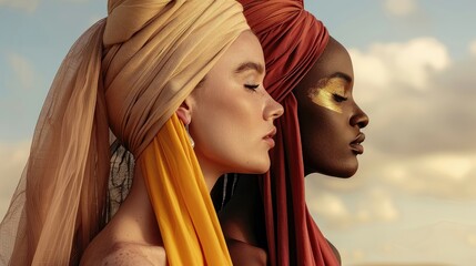 Serene portrait of two women with contrasting gold and copper headwraps. - obrazy, fototapety, plakaty