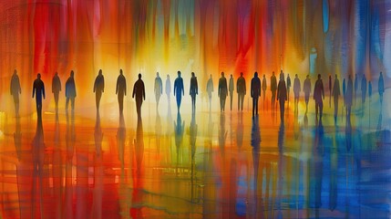 Silhouettes of people walking with vibrant, reflective abstract background.