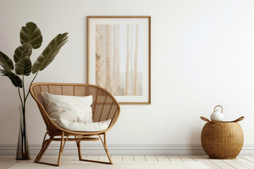 Immerse yourself in the bohemian allure of a modern living room featuring a wicker chair, floor vases, and a blank mockup poster frame against a pristine white backdrop. - obrazy, fototapety, plakaty