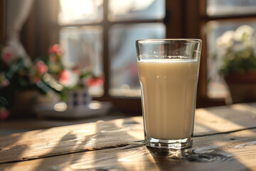 Milk in glass on wood table - obrazy, fototapety, plakaty