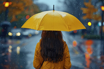 Woman holding yellow umbrella in the city