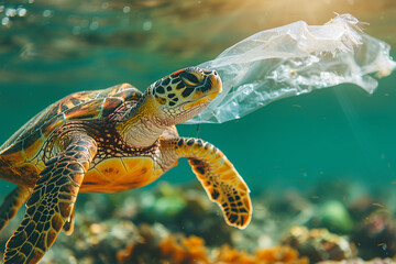 Turtle with plastic garbage under the sea
