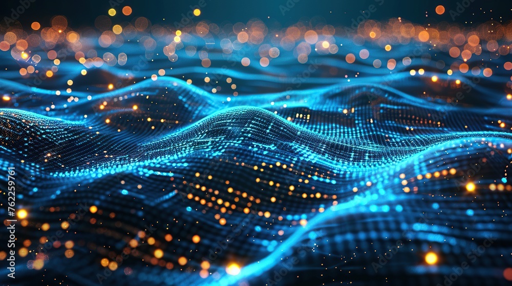 Poster this image features a stunning virtual landscape with undulating blue waves dotted with bright nodes