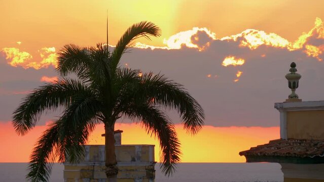 Cuba, Trinidad. Swaying palm tree leaves against a golden sunset of sea. Silhouetted palms and sunset sky on tropical resort. Red sunsets over sea. Sun in spindrift clouds