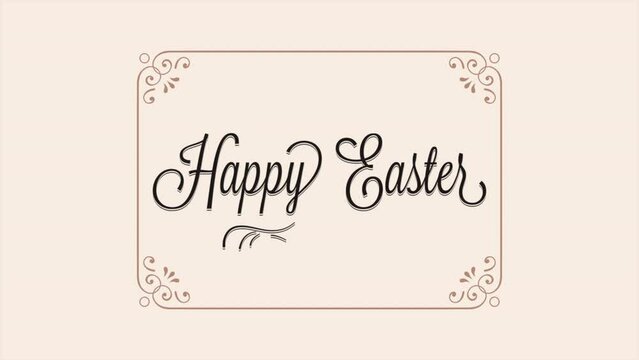 A charming Easter greeting card with Happy Easter in an elegant font, enclosed in a floral frame on a soft beige background