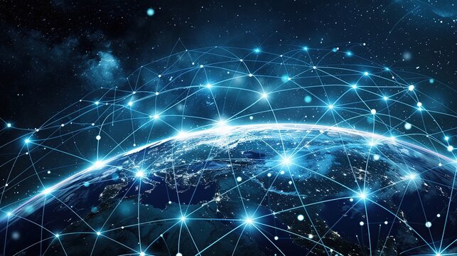 An artistic representation of the Earth's digital network, showcasing the global reach of technology and communication with a captivating space backdrop