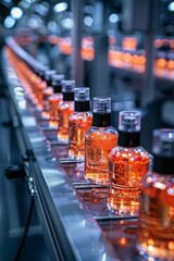 Lotion production process on production line, automated industry, selective focus