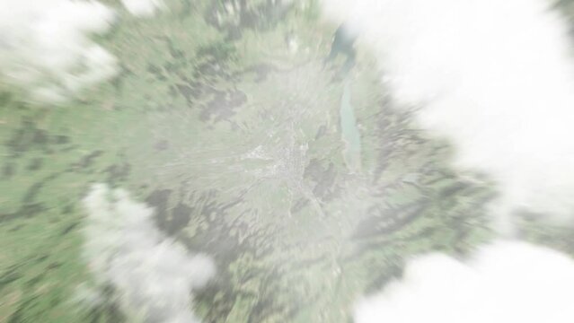 Earth zoom in from space to Bulle, Switzerland. Followed by zoom out through clouds and atmosphere into space. Satellite view. Travel intro. Images from NASA