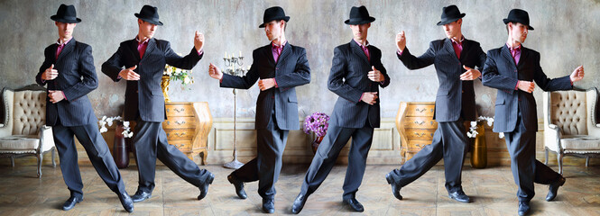 Collage with 6 poses of young man in black suit dances tango in stylish retro room