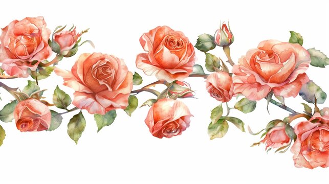 watercolor seventh image with roses and buds, arranged in border, decoration template for design, poster, invitation, greeting card, isolated on background, 8 march, Mother's day, birthday
