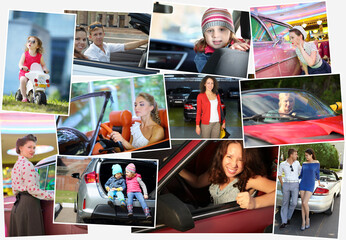 Collage with different situations of women driving car, children and vehicles, fourteen peoples...