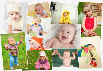 Collage of ten portraits of children (six childs). Collection of various situations of baby childs...