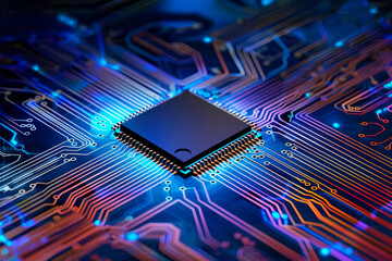 Circuit board technology background. Computer processors aligned with abstract lighting effects postproduction.