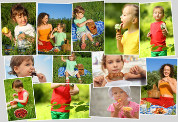 Collage of thirteen eating people (five models), children with ice cream, fast food, fruits, berries