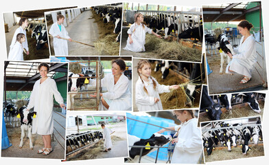 Collage with ten people (three model) on large cow farm