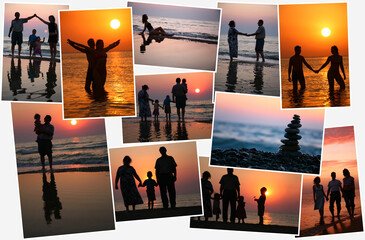 Collage with twenty nine people (eight models) against background of sunset, silhouettes