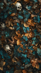 Skulls and leaves create a haunting, autumnal scene
