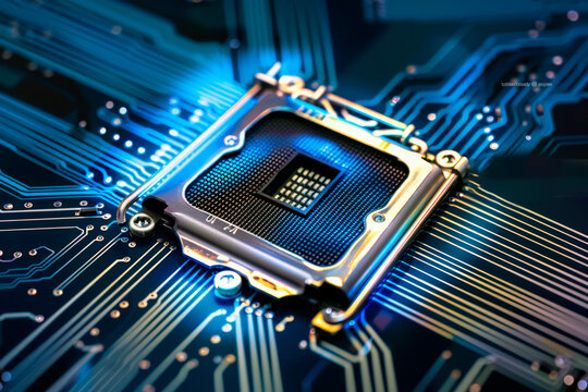 Circuit board technology background. Computer processors aligned with abstract lighting effects postproduction.