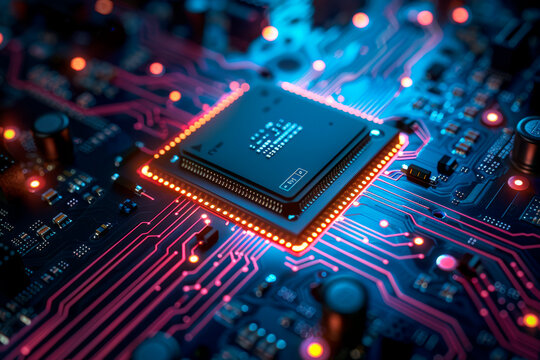 Circuit board technology background. Computer processors aligned with abstract lighting effects postproduction.