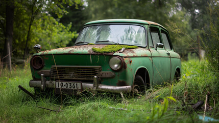Oldtimer nostalgie altes verrostetes grünes Auto Trabant Lada in der Natur Generative AI