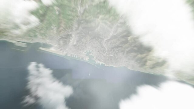 Earth zoom in from space to Genoa, Italy. Followed by zoom out through clouds and atmosphere into space. Satellite view. Travel intro. Images from NASA