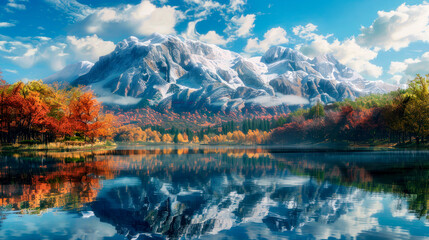 Beautiful scenery with snowy mountain, autumn trees and blue lake.