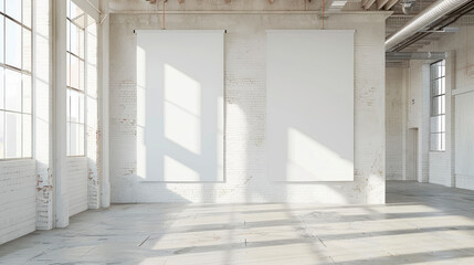 Two blank frame hanging from the ceiling of a bright empty loft. Copy space.