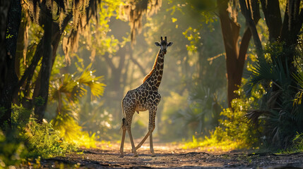 giraffe walking in forest dappled sunlight filtering through the trees. - obrazy, fototapety, plakaty
