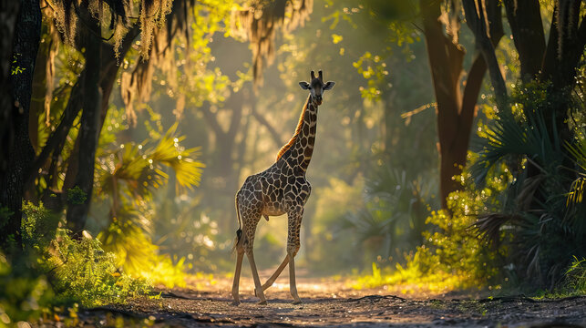 giraffe walking in forest dappled sunlight filtering through the trees.