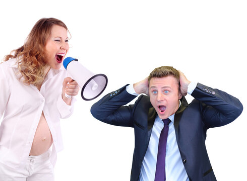 Collage with pregnant woman in white shouts into megaphone and man in jacket holds his hands behind his head, isolated on white background