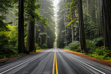 Fototapeta premium Asphalt road with with double white line and green tree alley.