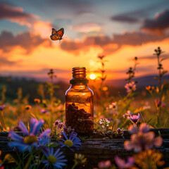 Butterfly hovers near a bottle amidst wildflowers at sunset