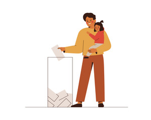 Man is putting paper ballot in box. Father came with daughter to poll place and making choice. Voting and Election concept. Pre-election campaign. Vector illustration - 762261738