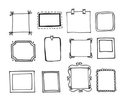 Set of ink hand drawn empty doodle frames. Graphic design elements isolated on white background. Vector illustrations collection