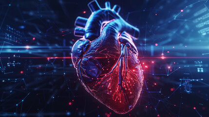 Black with red veins 3d futuristic model of human heart, cardiac healthcare concept. Scientific template. Generative AI