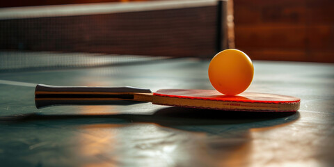 Ping pong ball resting on top of paddle, placed on table in anticipation of game