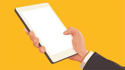 Hand holding and touching tablet on yellow background - obrazy, fototapety, plakaty